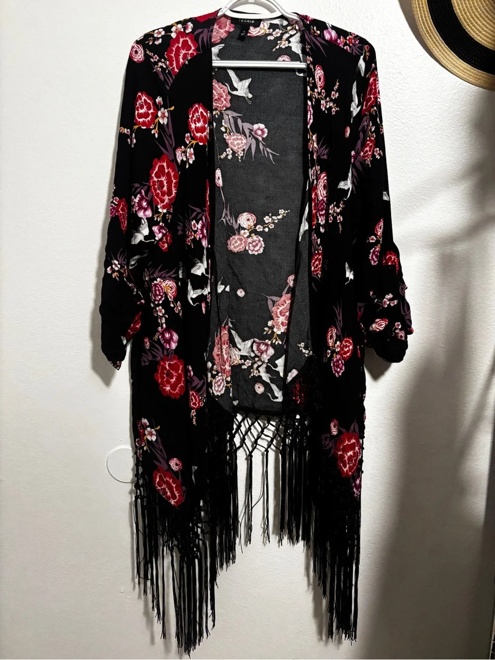 torrid Black Floral Fringe Open-Front Kimono